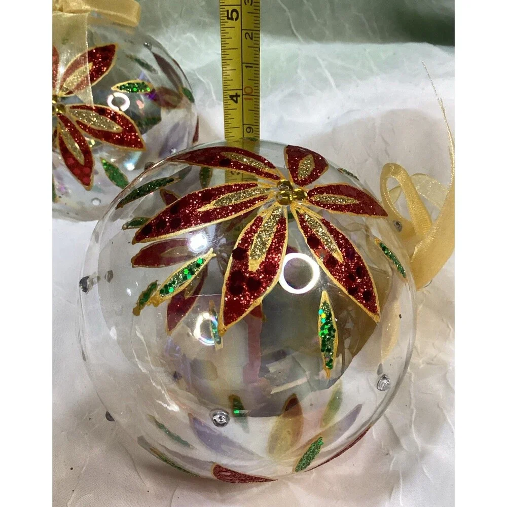 Hand-Blow & Painted Poinsettia  Art Glass Christmas Ornament Set Glitter & Gold